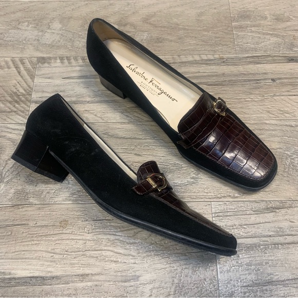 Salvatore Ferragamo Shoes - Ferragamo Boutique Italy Suede Croc Horse Bit Buckle Square Toe Loafers